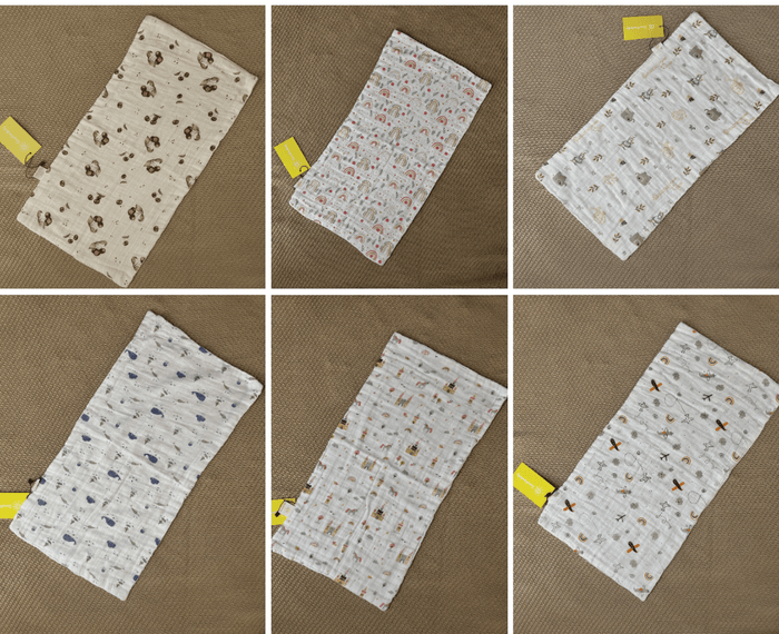 Set of six fabric swatches with different patterns on a brown background
