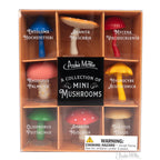 Box of nine vibrant Mini Mushrooms crafted from soft vinyl with distinct names; includes a choking hazard warning.