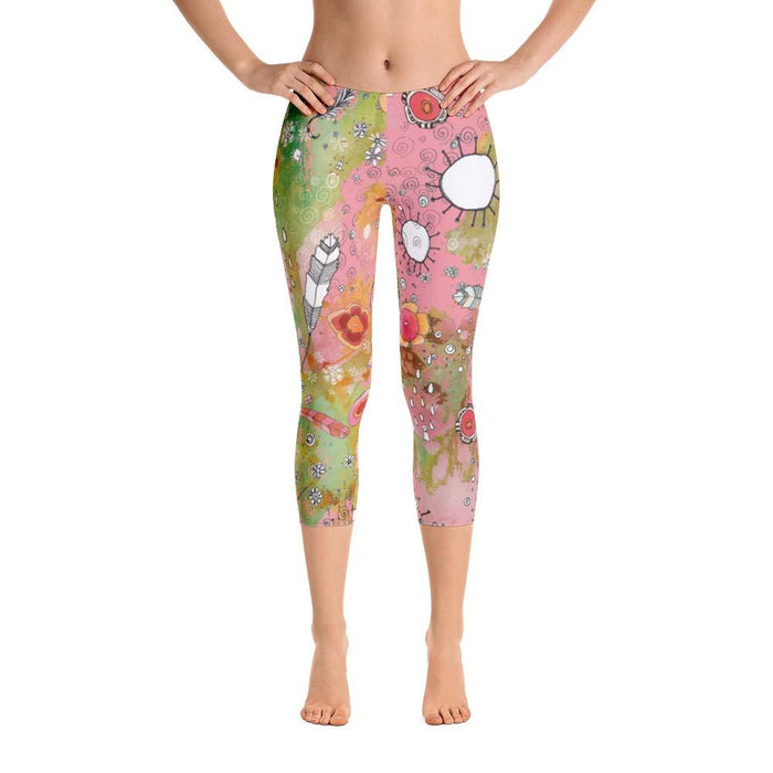 Abstract Capri leggings, Workout Pants 'Pink Feathers, Flowers, Showers'