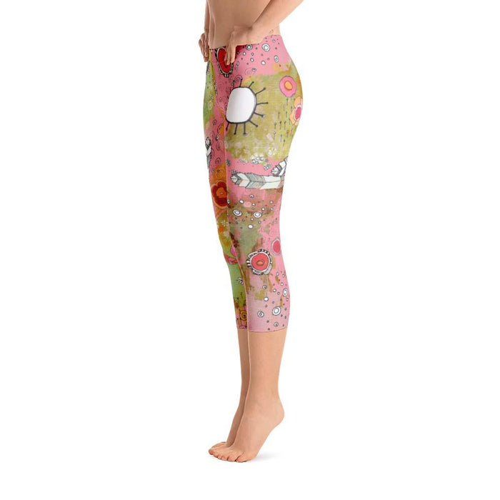 Abstract Capri leggings, Workout Pants 'Pink Feathers, Flowers, Showers'