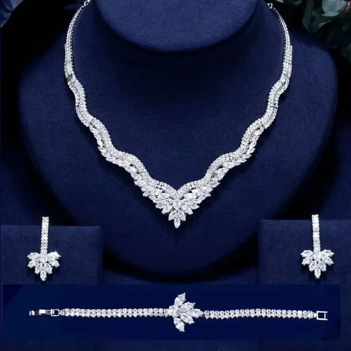 Wedding Jewelry - Silver Cubic Zirconia Bridal Three-Piece Jewelry Set