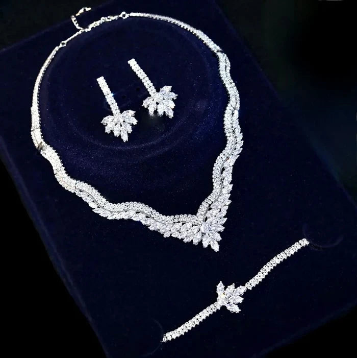 Wedding Jewelry - Silver Cubic Zirconia Bridal Three-Piece Jewelry Set