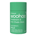 Green deodorant stick with Woohoo branding on a white background.