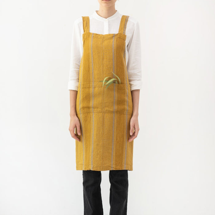 Amber Bronze Stripes Linen Crossback Apron - Linen Tales