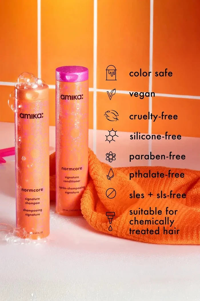 Before and after comparison showing smooth, nourished red hair after using Amika Normcore products.
