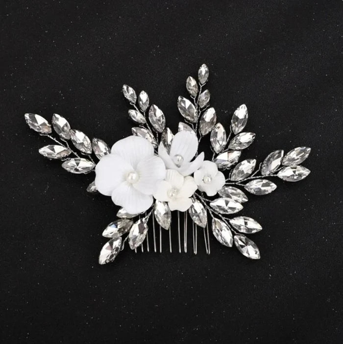 Wedding Hair Accessories - Ceramic Flowers Bridal Hair Comb - Available in Silver, Rose Gold and Yellow Gold