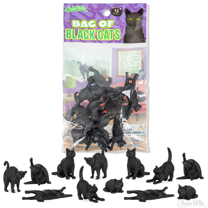 Bag of Black Cats: includes 12 small black cat figurines in playful poses—perfect for Halloween décor or collectors.