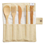 Bamboo Cutlery Roll-Up Set - Beige