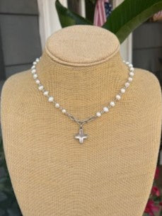 Beaded Pearl and Cross Necklace
