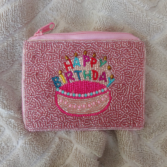 "Happy Birthday" Cake: Pink Background: Beaded Pouches / Change Purses