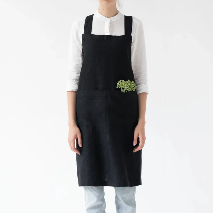 Black Linen Crossback Apron - Linen Tales