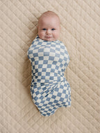 Blue Checkered Ribbed Bamboo Stretch Swaddle