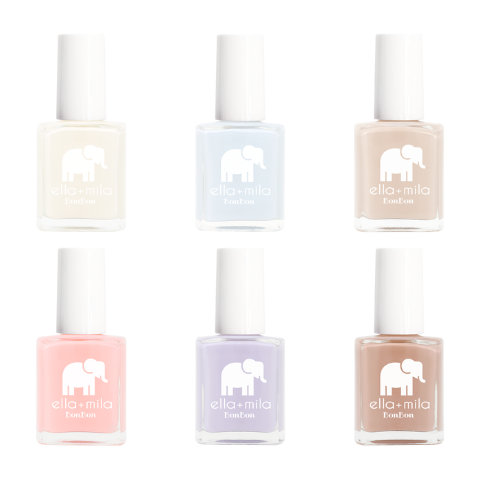 BonBon Collection Set C 6 pastel nail polish bottles in cream, blue, lavender, peach, light tan and dark tan
