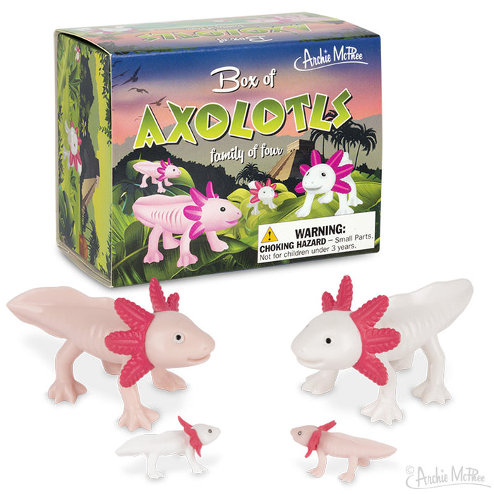 Explore the Box of Axolotls, a charming collection of toy axolotl figures made from soft vinyl. This themed set comes with a cautionary note regarding small parts, making it ideal for collectors and axolotl enthusiasts.