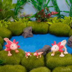 The Box of Axolotls, crafted from soft vinyl, encircles a small blue pond adorned with green grass and rocks.