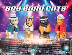 The Boy Band Cats, performing under the name Hiss2Purr, captivate the audience on a glittering stage enhanced by vibrant lights. These feline pop icons enthrall with their smooth charm and synchronize seamlessly as if vinyl figures had come to life.