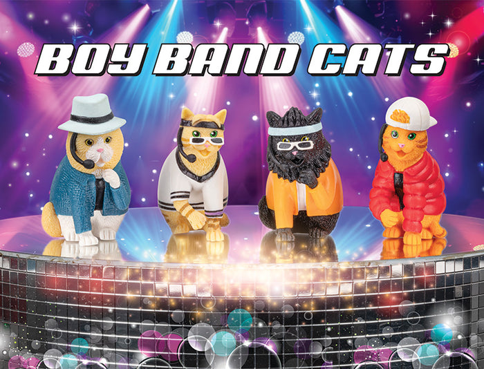 The Boy Band Cats, performing under the name Hiss2Purr, captivate the audience on a glittering stage enhanced by vibrant lights. These feline pop icons enthrall with their smooth charm and synchronize seamlessly as if vinyl figures had come to life.