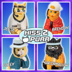 Introducing the Boy Band Cats: Jesse, Brendon, Corey, and Marshmallow. Each of these collectible figures is dressed in a distinctive outfit, adding personality to the series. The image features "Hiss2Purr" for an extra touch of charm. An ideal addition for cat enthusiasts or vinyl figure collectors!