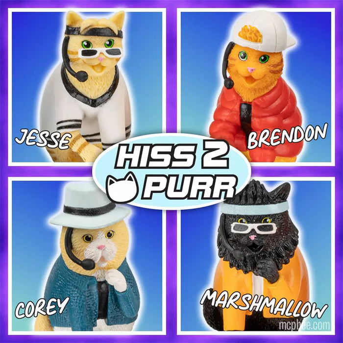 Introducing the Boy Band Cats: Jesse, Brendon, Corey, and Marshmallow. Each of these collectible figures is dressed in a distinctive outfit, adding personality to the series. The image features "Hiss2Purr" for an extra touch of charm. An ideal addition for cat enthusiasts or vinyl figure collectors!