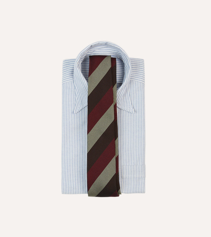 Brown, Red and Ecru Block Stripe Hand Rolled Silk Grenadine Tie