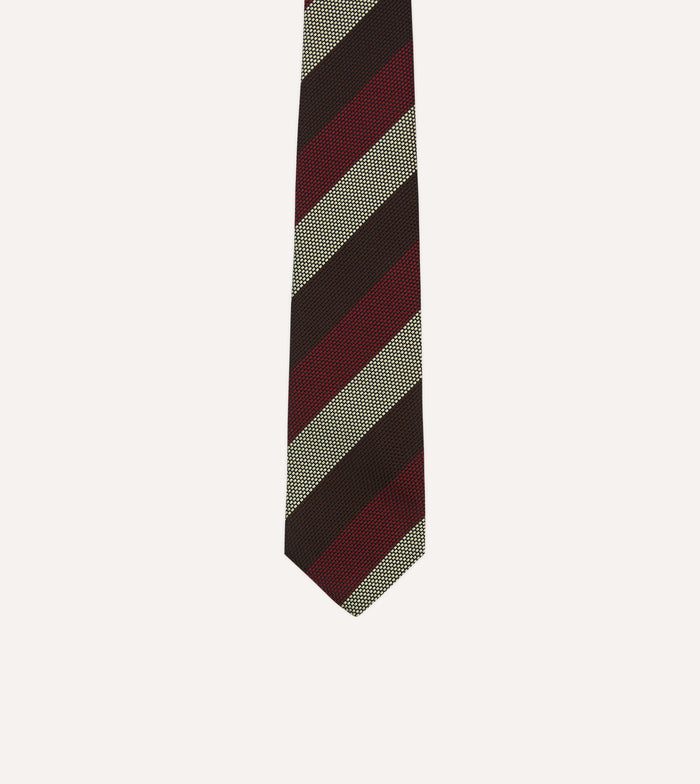 Brown, Red and Ecru Block Stripe Hand Rolled Silk Grenadine Tie