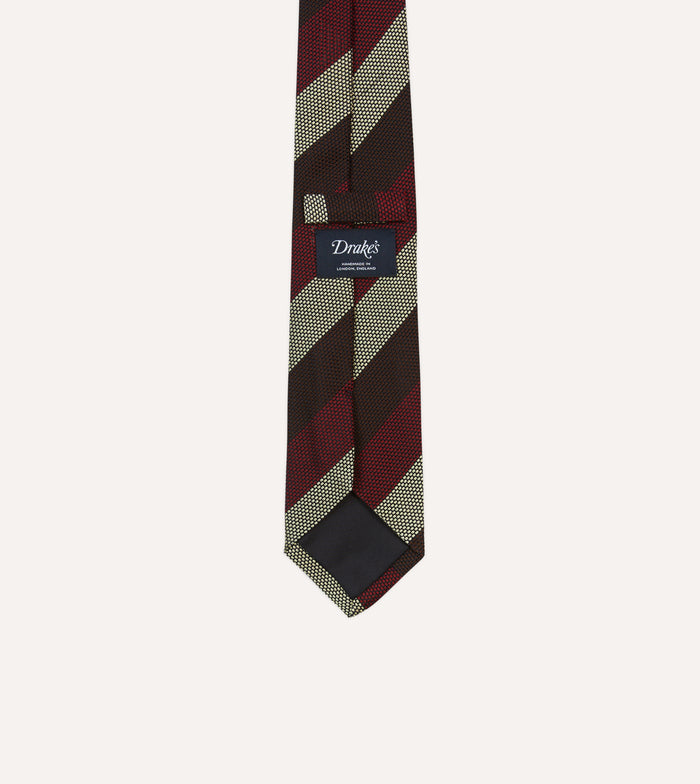 Brown, Red and Ecru Block Stripe Hand Rolled Silk Grenadine Tie