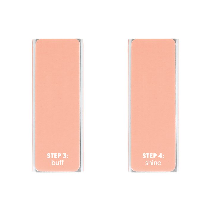 Peach nail buffer blocks showing step 3 buff and step 4 shine sides