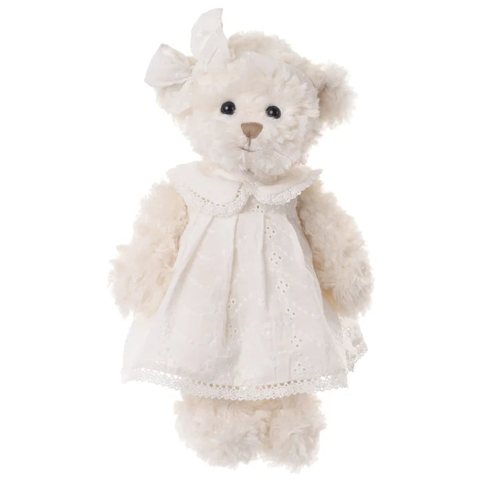 Bukowski Nikole teddy bear, medium size teddy bear, 14 inch plush bear, bedtime teddy for kids, teddy bear in nightgown, curly white teddy bear, soft plush bedtime toy, Bukowski plush gift, sleep companion teddy, nighttime stuffed animal