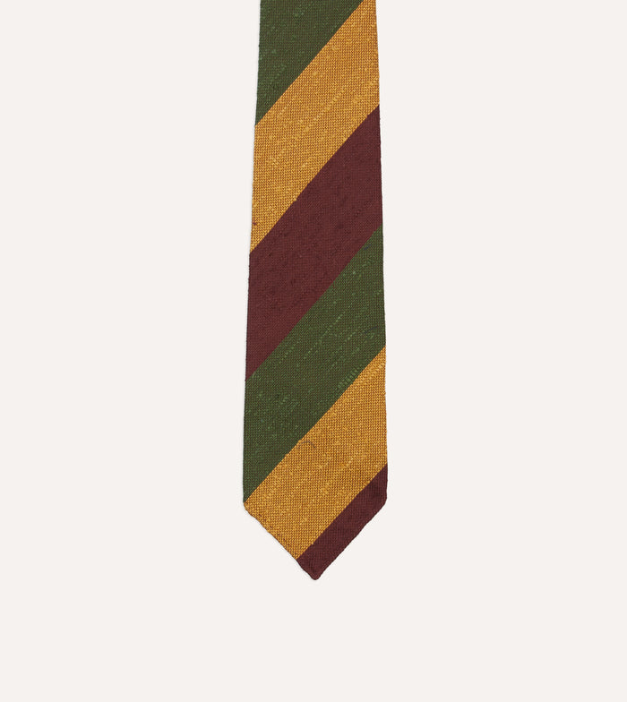 Burgundy, Gold and Olive Block Stripe Shantung Silk Tie