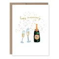 Greeting card with champagne bottle and glasses and 'Happy Anniversary' text.