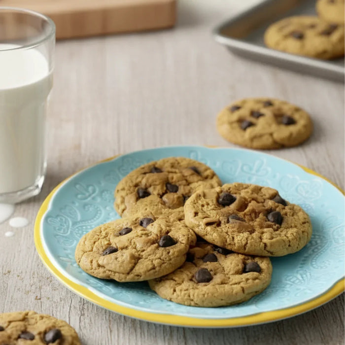 Realistic chocolate chip cookie-shaped soaps on a blue plate with a glass of milk nearby