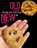 Comparison of old and new chocolate chip cookie soap designs, with the new soap held in hand.