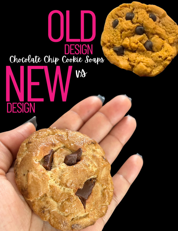 Comparison of old and new chocolate chip cookie soap designs, with the new soap held in hand.