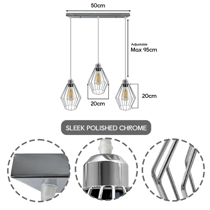 Chrome 3 Head Rectangle ceiling lamp with wire cage~4210