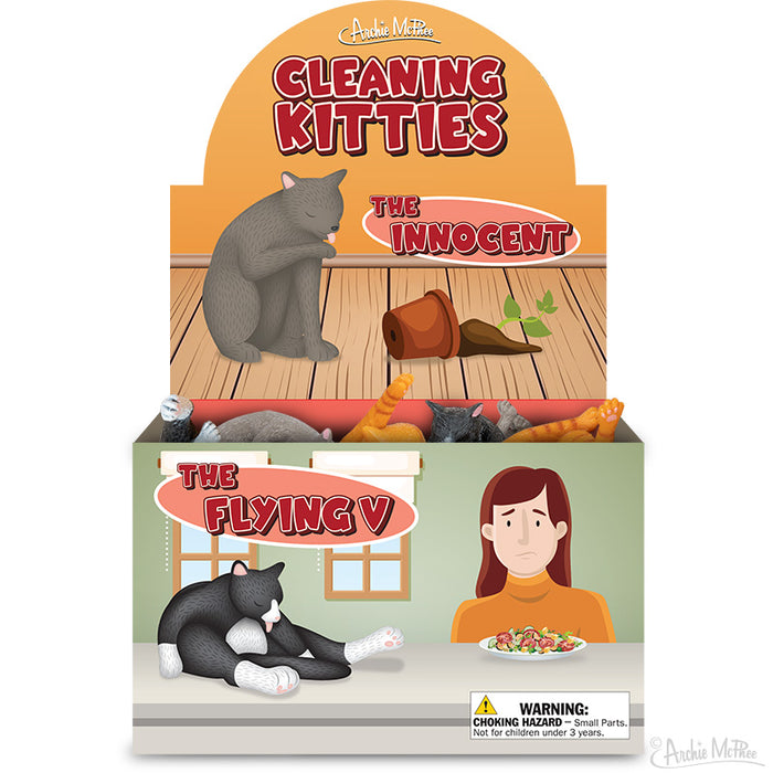 The Cleaning Kitties display box showcases figures of The Innocent cat and The Flying V cat, complemented by an illustration of a puzzled woman. It's an ideal addition for cat owners wanting to infuse some playfulness into their collection.