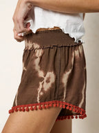 Cotton Pom Pom Shorts - Brown Cream Tie-Dye-view 3