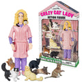 Crazy Cat Lady® Action Figure featuring a person in a robe with six cats, beautifully capturing the essence of a Crazy Cat Lady.