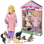 Crazy Cat Lady® Action Figure featuring a person in a robe with six cats, beautifully capturing the essence of a Crazy Cat Lady.