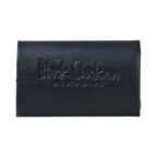 Black leather wallet with embossed logo on a white background