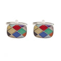 Harlequin Enamel Rhodium Plated Cufflinks with vibrant pattern and polished finish.