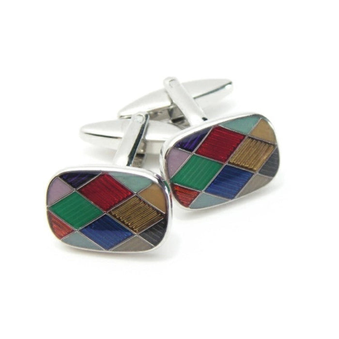 Harlequin enamel rhodium-plated cufflinks with geometric pattern and T-bar fastening.