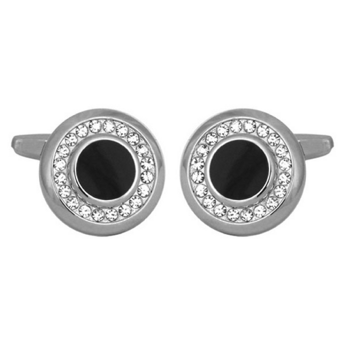 Dalaco rhodium-plated cufflinks with Swarovski crystals and black acrylic center.