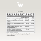 InfiniWell Defend Supplement Facts panel showing serving size, vitamins, herbal extracts, and other ingredients.