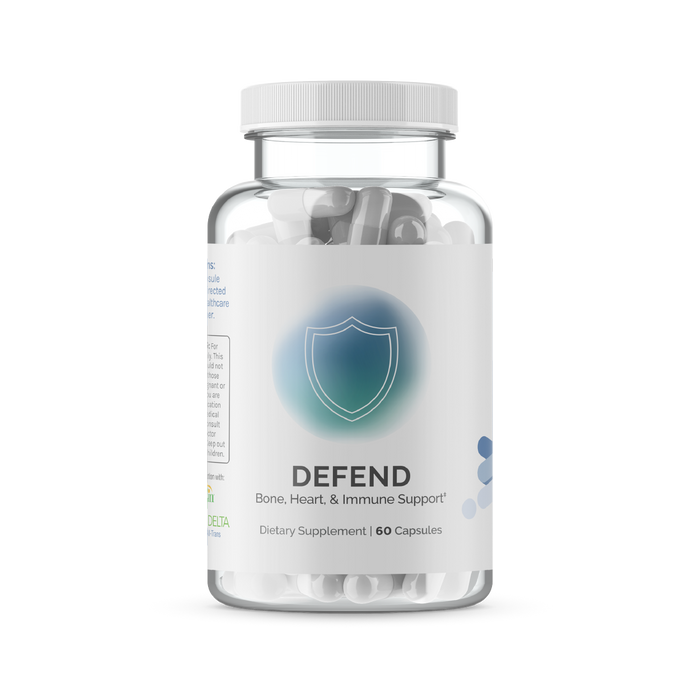 InfiniWell Defend dietary supplement bottle with 60 capsules, front product label on transparent background.