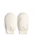 Pair of cream-colored hand warmer mittens in size small by Iwata on a white background