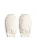 Pair of cream-colored hand warmer mittens in size small by Iwata on a white background