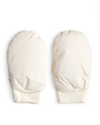Pair of cream-colored hand warmer mittens in size medium by Iwata on a white background