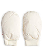 Pair of cream-colored baby hand warmers in size large by Iwata on a white background