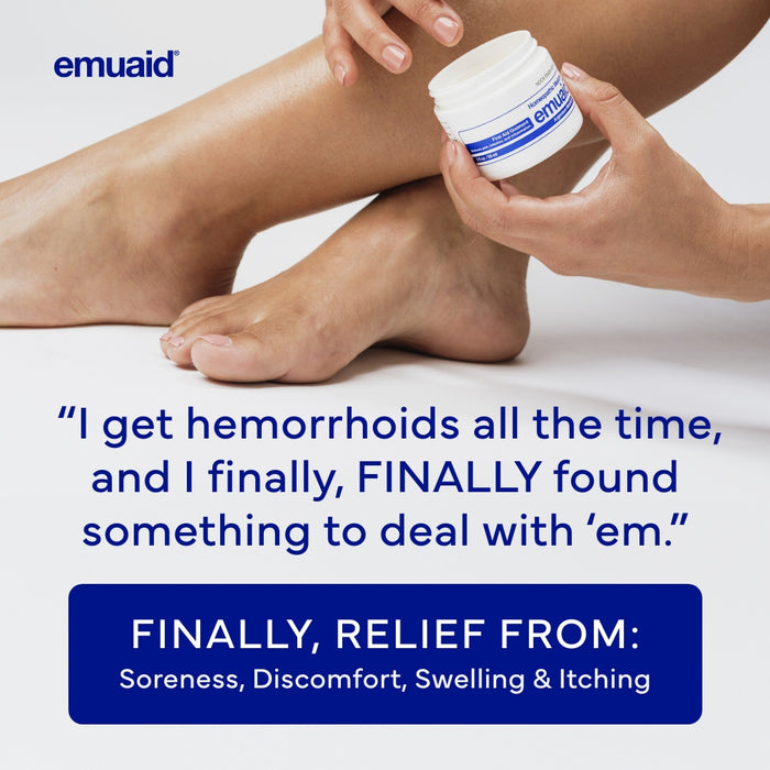 Person holding jar of emuaid first aid ointment with a quote about hemorrhoids and relief.