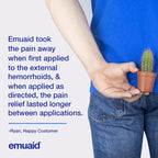 person holding small cactus with emuaid testimonial